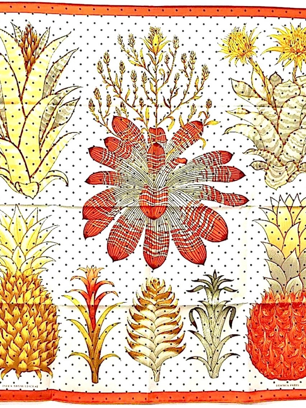 🧡 Hermès Index Bromeliacee Print * K. Scott Design, 35" / 100% Authentic Silk 🧡